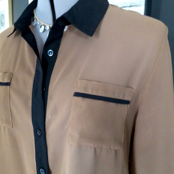 Mine Chiffon Sheer Color Block Button Down Blouse Mocha Mousse and Black Size M - Picture 3 of 10